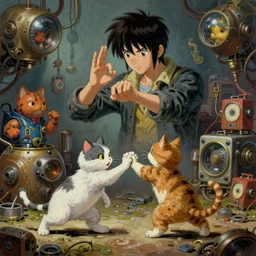 surreal gouache gesture painting, by yoshitaka amano, by ruan jia, by Conrad roset, by dofus online artists, detailed anime 3d render of a gesture draw pose cats fighting,  portrait, cgsociety, artstation, rococo mechanical, Digital reality, sf5 ink style, dieselpunk atmosphere, gesture  drawn