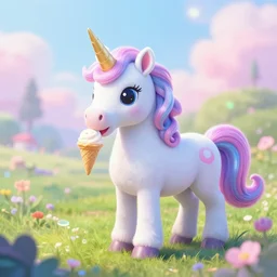 an ultra high definition pastel coloured wildlife photograph of a magic unicorn eating an ice cream in a magical field. refraction, volumetric lighting iridescence.