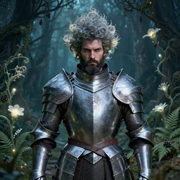 a male knight with beard, stern face, clear eyes, shining armour made of steel, and fractal flowery hair in a fractal garden, glowing delicate flower, berries and ferns that grow in a dark fantasy forest, full frame,