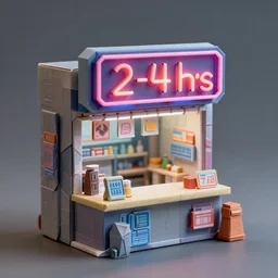 origami mini cyberpunk convenience store has a neon sign of 2 4 hours, fantasy, intricate, elegant, highly detailed, digital painting, artstation, concept art, smooth, sharp focus illustration, created by jan urschel and sylvain sarrailh