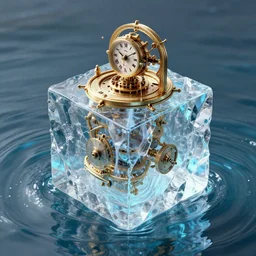 water surrounding crystal cube that has its own massive gravity field, above clockwork time machine