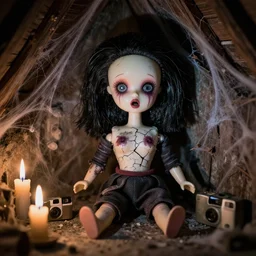 macro closeup old flash photo of a creepy dirty shocked scared whimsical cracked hellraiser barbie dolls with black hair sitting in a corner of an abandoned attic at night, candles, spider webs, disposable camera, guillermo del toro, hp lovecraft, wes anderson, lois van baarle, ilya kuvshinov, wes craven, greg rutkowski,