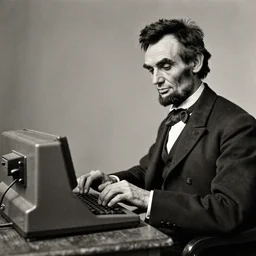 Abraham Lincoln typing on a desktop personal computer, 1865