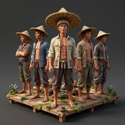 an intricate concept illustration, asian farmers standing on platform, ultra photorealistic, ultra sharp, artstation, cgsociety, masterpiece, octane render, by wylop, 8 k