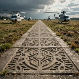 cinematic still of hyper detailed sidewalk, realistic architect, helicopters, deep perspective, wide angle, detailed and intricate,