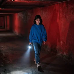 color video footage, a girl in blue, holding a flashlight walking in the deep dark basement, red wall