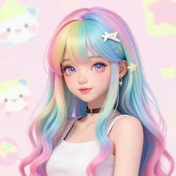 beautiful pastel rainbow haired girl, metahuman in artstation, kawaii background