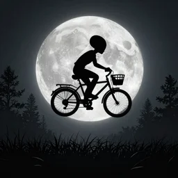 a silhouette of an alien making a big jump with bike with a basket in front of it, flying, a silhouette of trees and big grass, big shiny moon on the background at night, artstation, behance - n 6