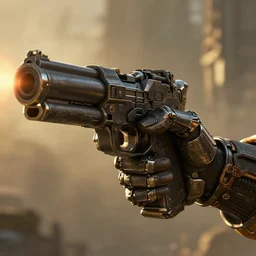 cyberpunk armored hand shooting a big gun, detail, atmospheric lighting, painted, intricate, golden hour, ultra detailed by peter gric, giger, enki bilal