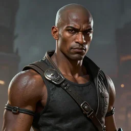 An epic fantasy comic book style portrait painting of a young dark skinned thief with big shoulders and bald hair, unreal 5, DAZ, hyperrealistic, octane render, cosplay, RPG portrait, dynamic lighting