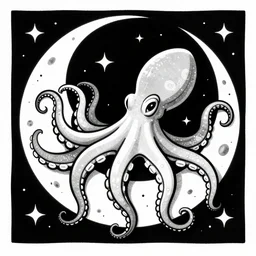 relaxed octopus on moon, black and white illustration, m c escher style, stars