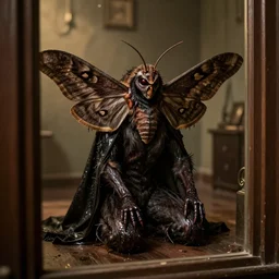 the evil mothman is sitting inside the room, wet version of photography, 1 9 0 0 s