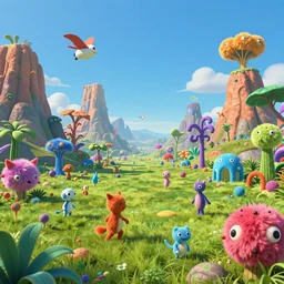 vhs footage of a colorful alien world, with absurd looking mountains and terrain, green grass, and colorful fuzzy creatures roaming around and flying in it, and lots of weird alien plants, bright blue sky, wide angle view, dr seuss inspired