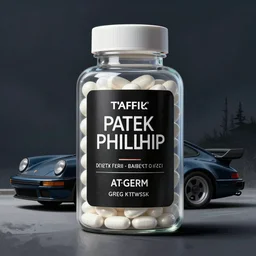 concept art of a porsche - patek philip white dietary supplement in a transparent bottle with big black sticker on it by aenaluck, artgerm and roberto ferri and greg rutkowski, black blue and white tones, digital painting, artstation, concept art, smooth, sharp foccus ilustration hq