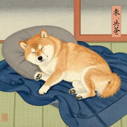 a shiba-inu-samurai waking up from a nap, artwork on loan from the historical dog society of japan, by Utagawa Kuniyoshi