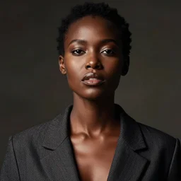 Photo of an African fashion model, bold, self-confidence, cinematic, light makeup focus