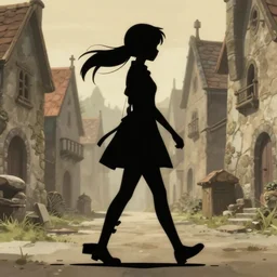 anime still frame of a young female walking through a medieval village, dynamic pose, dynamic perspective, detailed silhouette, cel shaded, minimalist, simple, ilya kuvshinov face style