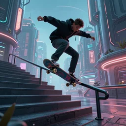 cool skater boy in a hoodie riding his skateboard rail grinding down a handrail on a small staircase in a cyberpunk city, wide angle, intricate, elegant, volumetric lighting, scenery, highly detailed, sharp focus, illustration, concept art, cyberpunk, synthwave, dystopian