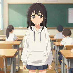 anime visual, portrait of a young black haired girl wearing hoodie in the detailed school classroom background, cute by yoh yoshinari, katsura masakazu, studio lighting, full body shot, strong silhouette, zoom out, ilya kuvshinov, cel shaded, crisp and sharp, rounded eyes, bright daylight