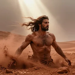 cinematic still of a gust of wind blowing red clay into the shape of a 30 year old middle eastern man emerging waist up out of the red clay, strong, muscular, mysterious, fantastical, miraculous, epic, light rays, cinematic, Biblical epic directed by Steven Spielberg