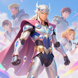 highly detailed, digital art, pixiv fanbox, trending on artstation, ray tracing, volumetric lighting, sharp focus, hq, overwatch style, thor in cyberpunk style, pastel rainbow color scheme, iridescent and pearlescent, arcane, by artgerm, wlop, greg rutkowski, hayao miyazaki
