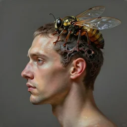 profile portrait view of a man's head mutating into an insect