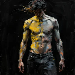 black background, a thin, athletic physique man's body made of abstract, thick flowing dramatic bright brush strokes, no face, strong wind, matte colors, impressionist, extreme motion, trending on artstation