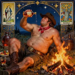 a dramatic, epic, ethereal painting of a !!!handsome!!! thicc chunky beefy mischievous shirtless with a big beer belly wearing a large belt and bandana offering a whiskey bottle | he is a cowboy relaxing by a campfire | background is a late night with food and jugs of whisky | homoerotic, rugged | stars, tarot card, art deco, art nouveau, mosaic, intricate | by Mark Maggiori (((and Alphonse Mucha))) | trending on artstation