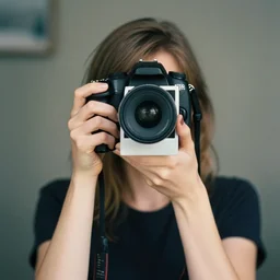 centralized, max caulfield from life is strange, taking a picture, face covered by the polaroid camera, a stock photo by helen dahm, shutterstock contest winner, art photography, dslr camera, dslr, telephoto lens