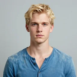 photo portrait of an irish pirate, young adult, thin blonde hair, faded blue coat, charismatic face, rugged and dirty, cinematic lighting at sundawn, movie color grading
