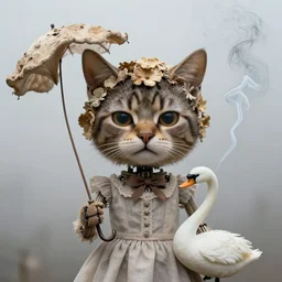 photographic portrait of sad cat face robotic dried floral fungus with spiraling cigarette smoke, wearing a dress, holding an umbrella and a swan, in fog, editorial