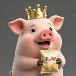 photo of cute happy puppet tan pig wearing a gold crown holding snack bag 8k resolution, award winning, realistic, cinematic concept art