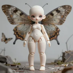 portrait of a beautiful jointed art doll, super dollfie, bjd, biopunk, solarpunk, feminine curves, dystopian, abandoned, giant moths, surreal, dan mumford, beeple, artgerm, fashion magazine, vogue, harper's bazaar art, id magazine, intricate, 8 k render in octane, sharp focus