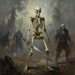 a painting of a skeleton holding a sword, concept art by brian despain, les edwards and aleksi briclot, featured on cgsociety, vanitas, apocalypse art, concept art, apocalypse landscape