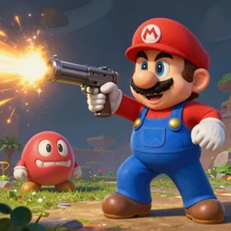 A detailed, dramatic painting of super mario shooting a goomba with a machine gun