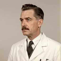 newspaper photo from 40s of a sidecut hair toupet mature stern looking slim medical doctor with a simple mustache