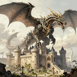 detailed fantasy comic book drawing of a ( giant mechanical dragon ) over a ( stronghold castle ) by dariusz zawadski and simon stalenhag, simon bisley!, jack kirby!!! and gris grimly, cinematic, epic, awesome color palette, hard contrast, ink outlines