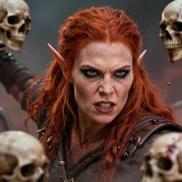 still from star wars of a head and shoulders action photo, human female barbarian, red hair, frenzy, blood and skulls, d & d, high fantasy, facial detail, extremely detailed