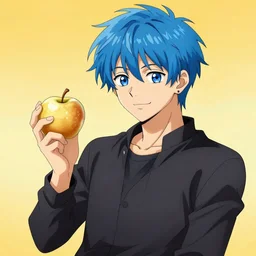 digital anime art of anime guy with blue hair holding a golden apple in the style of waya steurbaut