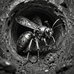 b & w inks macro mutant wasp permafrost insect viscera | as god |, curved chrome - rust chaos dystopic armor, wedged in necrotic metal sewer tunnel, ruined metal slag melted yaw tunnel openings, chris foss, wayne d barlowe, enric torres, alberto bontempi, feng zu hyper realism, narrative light, muted colors, epic, hyper detailed
