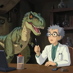 a very dull interior shot still from ponyo ( 2 0 0 8 ) of a velociraptor clawing an old nerdy skinny scientist. close up on the faces, perfect art, grimdark, trending on pixiv fanbox.