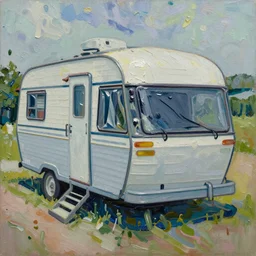 painting of an old style caravan park painted in the style of Jackson Pollack, with lots of scumbling, scumbled thick oil paint, oily high relief, shiny and painted in a style of painting similar to Van Gogh but more impasto and less hatching