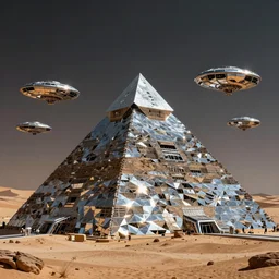 a pyramid in the desert made of chrome metal, with alien spaceships hovering around it, awe inspiring, otherwordly, hyperdetailed, reflections, ominous, by donato giancola and boris vallejo
