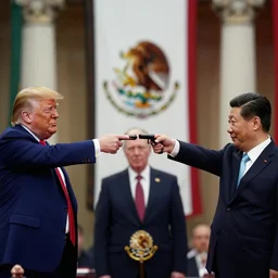 trump, geert wilders and xi jingping pointing pistols at each other, mexican standoff, cinematic shot