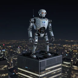 a zombie robot on the top of the world trade center, 1990's, night time.