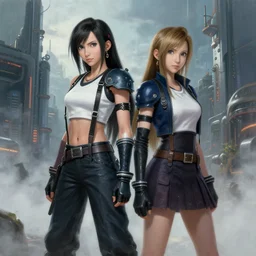 a painting of tifa lockhart and aerith gainsborough from final fantasy 7, standard clothing from the conceptual art, the midgard steam punk city as backdrop, by greg rutkowski, artgerm, wlop rain, fog, unreal engine 5
