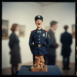 kodak portra 4 0 0, wetplate, muted colours, blueberry, 1 9 3 0 s style, award winning portrait of wooden skulptur of hysterically laughing loudly police man by willy verginer in a vernissage, haze, motion blur, in the style of britt marling and by georges melies