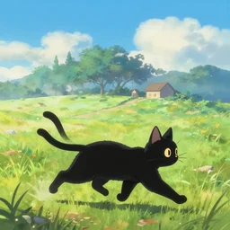 black cat running in rendering of a scene ， by makoto shinkai and thomas kinkade, fantasy matte painting, trending on cgsociety and unreal engine ， light effect ， highly detailed ， super wide angle