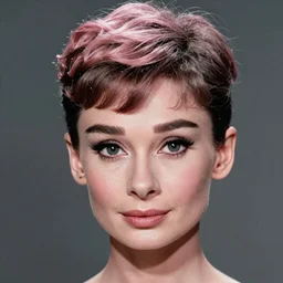 portrait of a beautiful 20-year-old Audrey Hepburn with pink hair by Mario Testino,  headshot, detailed, award winning, Sony a7R
