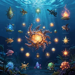 underwater life, infographic, glowing lights, epic fantasy, digital art, highly saturated colors!!!!, concept art, detailed illustration, hd, 4 k, digital art, greg rutkowski, studio ghibli, jean baptiste monge, mike franchina, trending on artstation